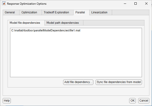 Response Optimization Options dialog box showing Model file dependencies
