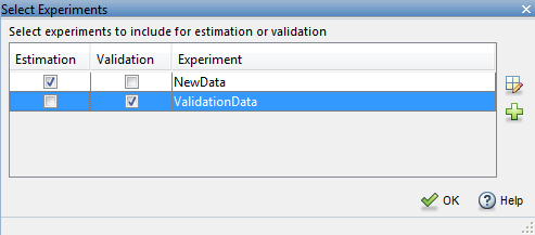 Select Experiments dialog box with NewData experiment selected for Estimation and ValidationData experiment selected for Validation