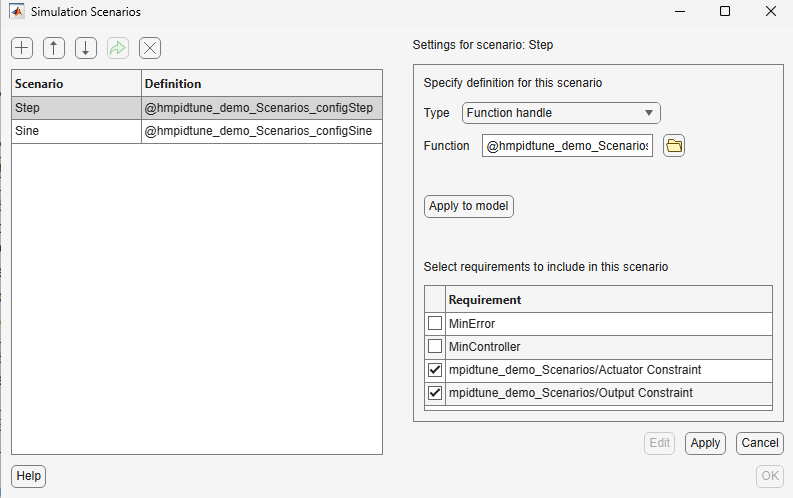 Simulation Scenarios dialog box showing all added scenarios in the table on the left and the settings for the selected scenario on the right. The settings include the scenario definition and the selected requirements.
