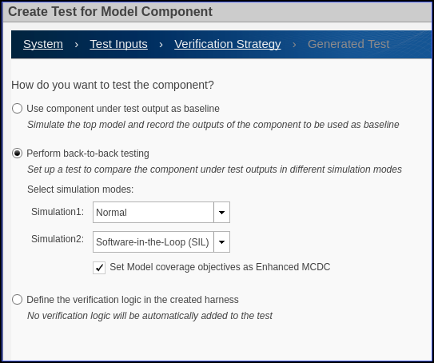 Create Test for Model Component window with "Perform back-to-back testing" selected.