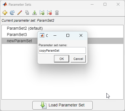 Copy parameter set button opens the parameter set name dialog box