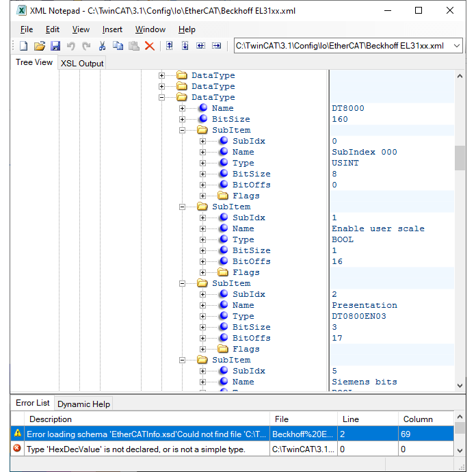 Use XML Notepad to access data for the EL3102.