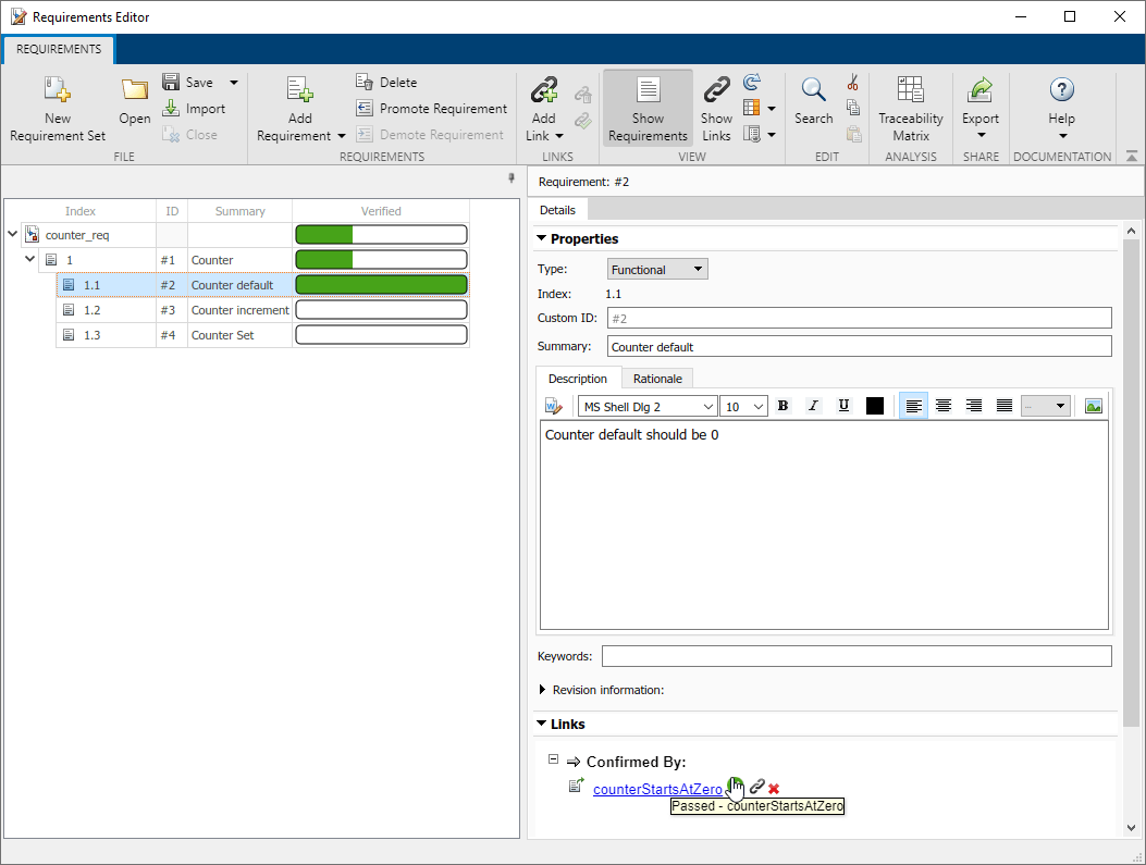 The Requirements editor with the counter_req requirement set. The top-level requirement is expanded and requirement 1.1 is selected.
