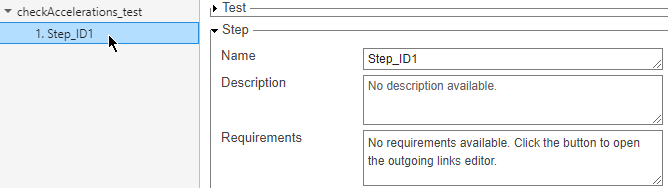 The Polyspace Platform test case editor. A mouse pointer selects the test step in the left side of the test case editor.