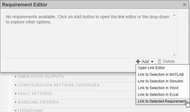 Requirement Editor dialog box. The cursor is on the Link to Selected Requirement option.