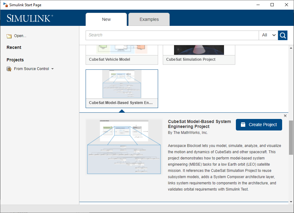 Simulink start page for CubeSat Model-Based System Engineering Project