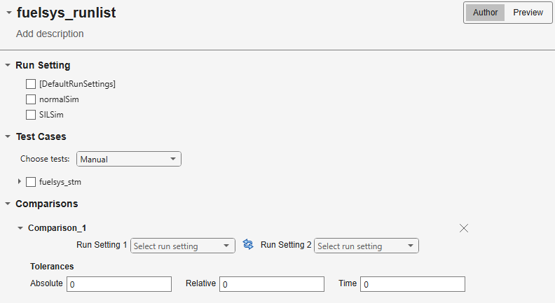 Runlist tab showing Run Setting, Test Cases, and Comparisons sections
