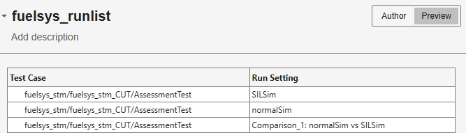 Runlist preview table showing test case and run setting combinations