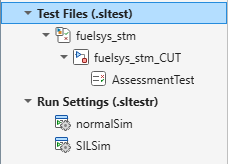 Test Files pane with normalSim and SILSim listed under the Run Settings section