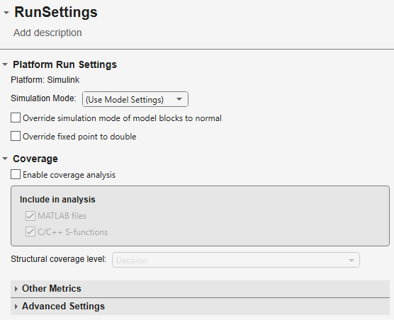 Run settings tab showing Platform Run Settings, Coverage, and Advanced Settings sections