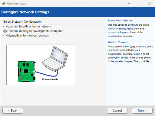 Network configuration step on host computer. Option to connect directly to host computer.