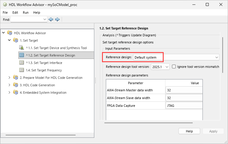 HDL Workflow Advisor open on the 1.2. Set Target Reference Design step, with the Reference design parameter highlighted in the right pane.