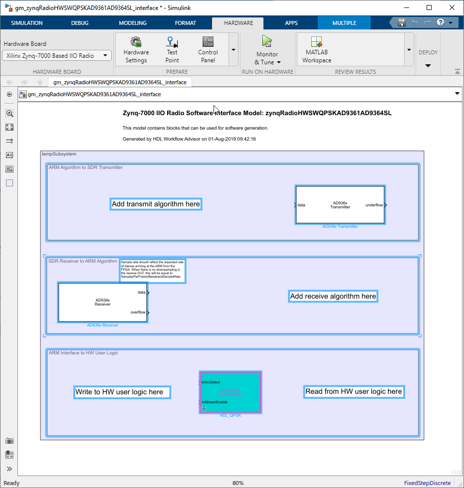 Simulink window with software interface model from QPSK example