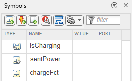 A Symbols pane with three defined data named chargePct, isCharging, and sentPower. chargePct has a value of 50.