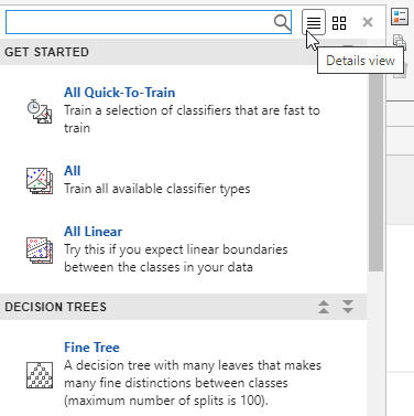 Details view of the classifiers in the Models gallery