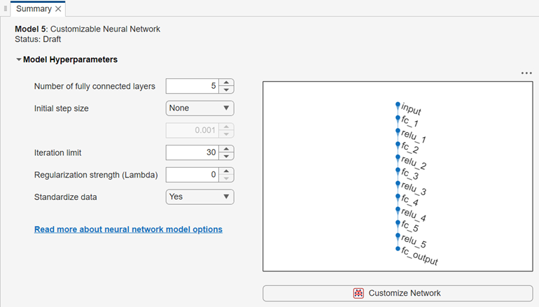 Summary tab of customizable neural network model showing the network architecture