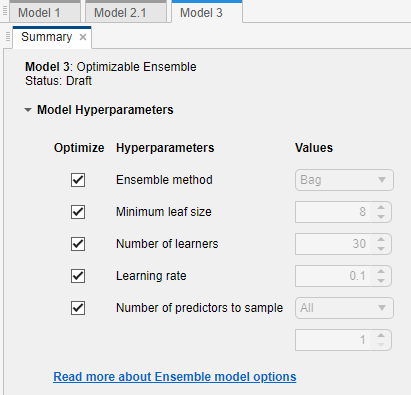 Summary tab with ensemble hyperparameters selected for optimization