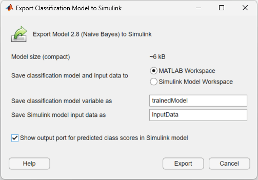 Export Classification Model to Simulink dialog box with options selected