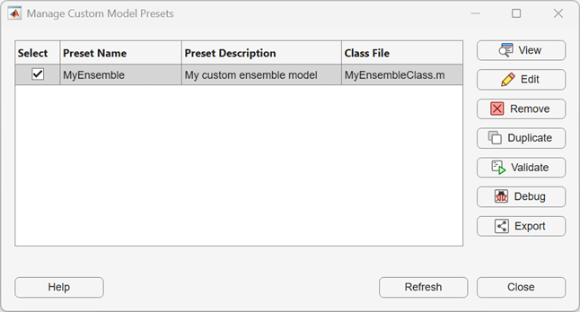 Manage Custom Model Preset dialog box