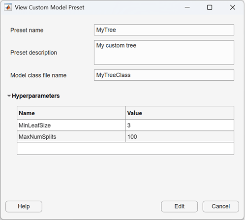 View Custom Model Preset dialog box
