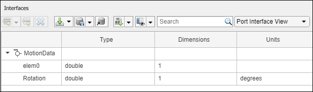 Port interface view in the Interface Editor with the MotionData port and its elements