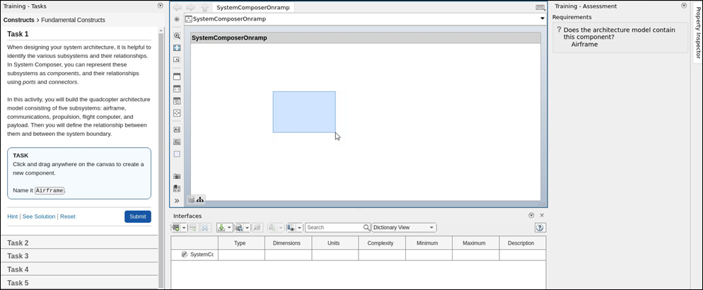 The System Composer Onramp interface describes the task, displays an interactive model, and shows an assessment of whether the model matches the requirements set by the training.