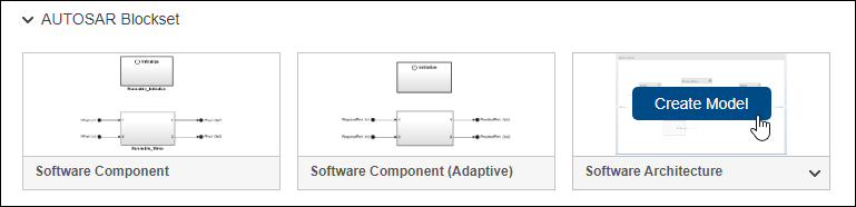 Simulink new selection menu specifying an AUTOSAR Blockset software architecture.