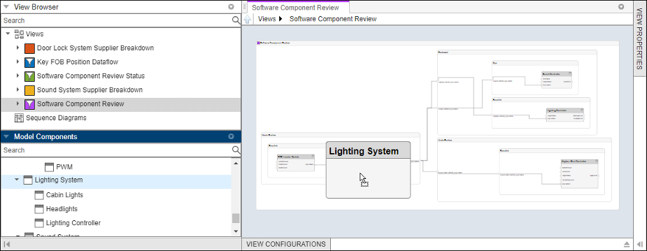 The display on the views editor shows clicking and dragging the lighting system component into the view.