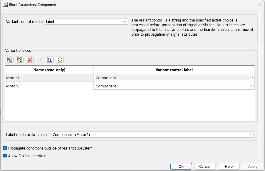 The Block Parameters dialog box for a Variant Component block, with Variant control mode set to label.