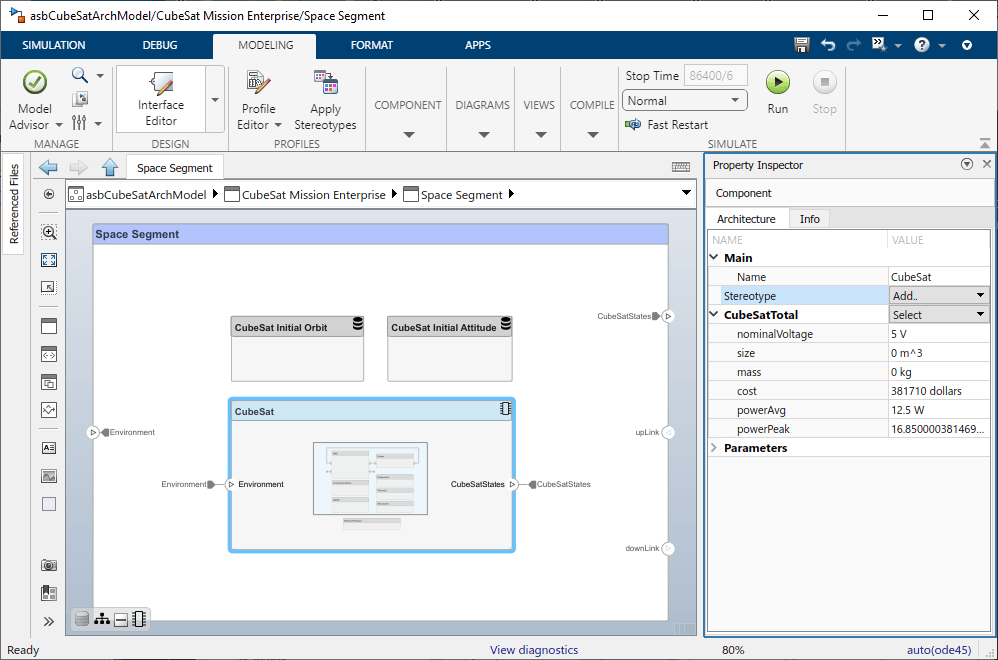 CubeSat system component (asbCubeSatArchModel/CubeSat Mission Enterprise/Space Segment/CubeSat) with CubeSat component selected.