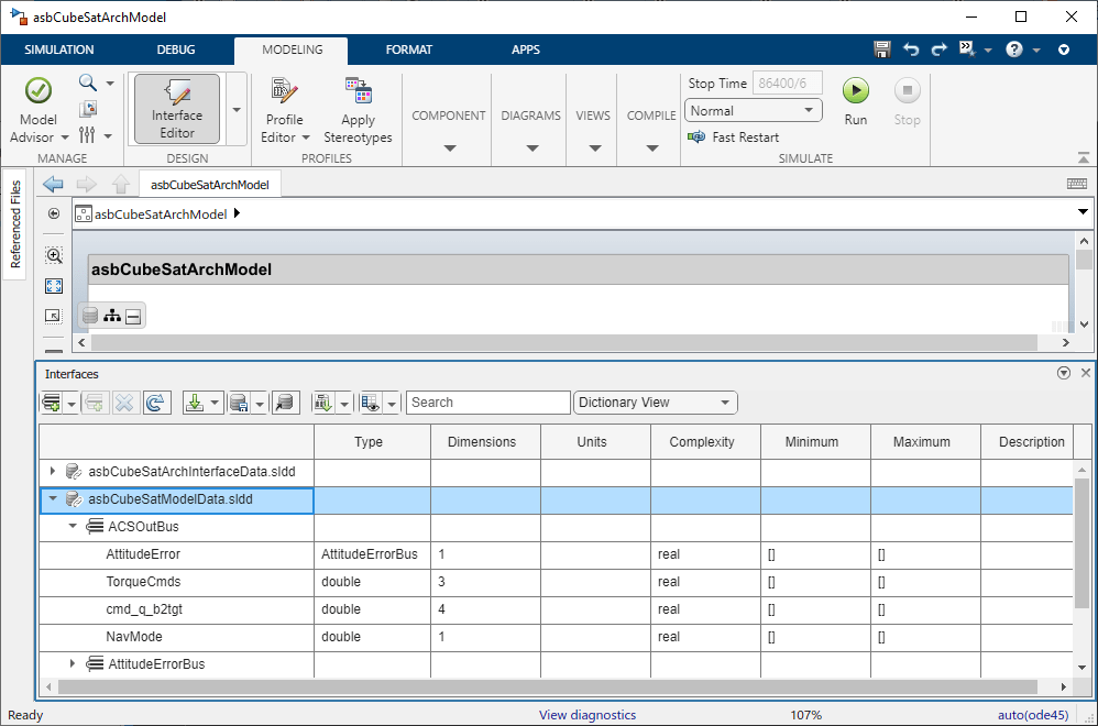 asbCubeSatModelData.sldd in Interface Editor window.