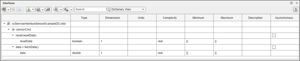 The Interface Editor open with the scServiceInterfaceSensorExampleDD data dictionary expanded. The sensorCmd service interface is expanded to show the reset and fetch data function elements.