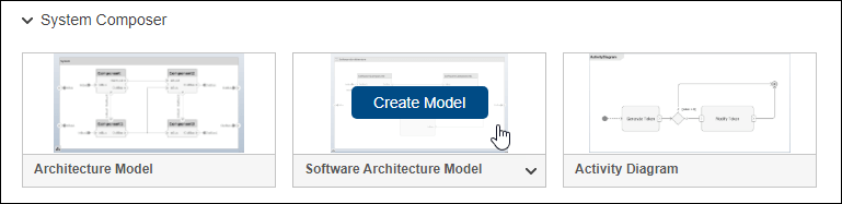 Simulink new selection menu specifying a System Composer software architecture model.