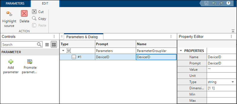 The DeviceID parameter is of Type string in the Parameter Editor.