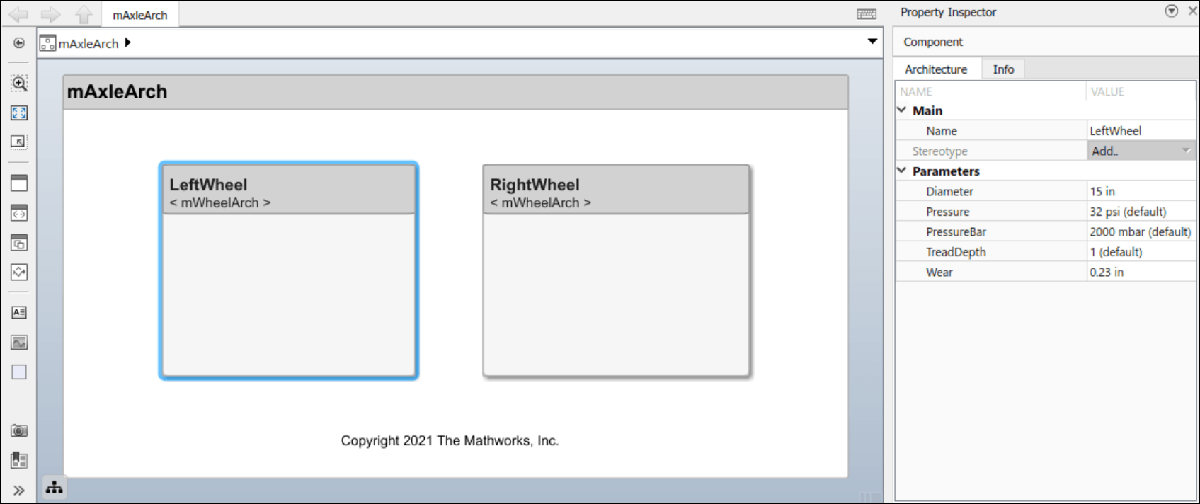 Property Inspector showing the parameters associated with the LeftWheel component and its editable values