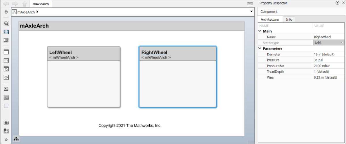 Property Inspector showing the parameters associated with the RightWheel component and its editable values