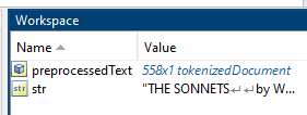 Worskpace showing sizes and data type of the variables "str" and "preprocessedText".