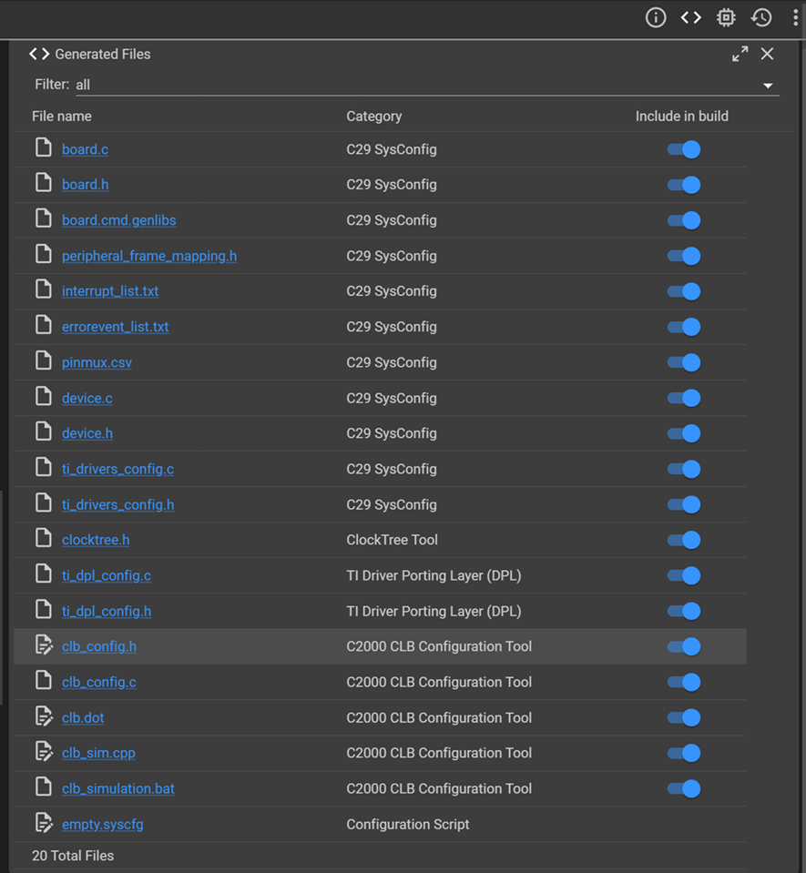 Generated Files list in SysCfg showing clb_config.h and clb_config.c files
