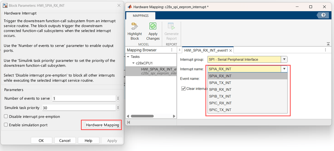 Hardware Mapping tool showing the Hardware Interrupt configuration. The Interrupt group is set to SPI - Serial Peripheral Interface, and the Interrupt name dropdown displays available SPI interrupts: SPIA_RX_INT, SPIA_TX_INT, SPIB_RX_INT, SPIB_TX_INT, SPIC_RX_INT, SPIC_TX_INT. SPIA_RX_INT is selected.