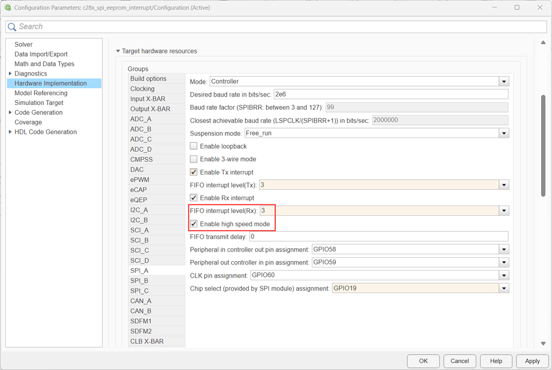 Configuration Parameters dialog box showing target hardware resources for the SPI module. The SPI section displays settings including FIFO interrupt level (Rx) set to 1, Enable Tx interrupt and Enable Rx interrupt check boxes, and chip select pin assignment fields. The FIFO interrupt level parameter is highlighted with a red box.