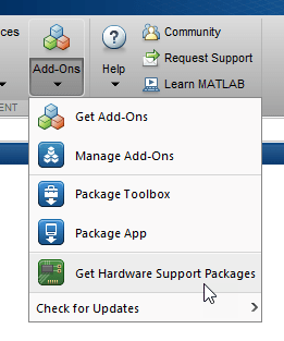 Use the Add-Ons pull down menu to Get Hardware Support Packages.