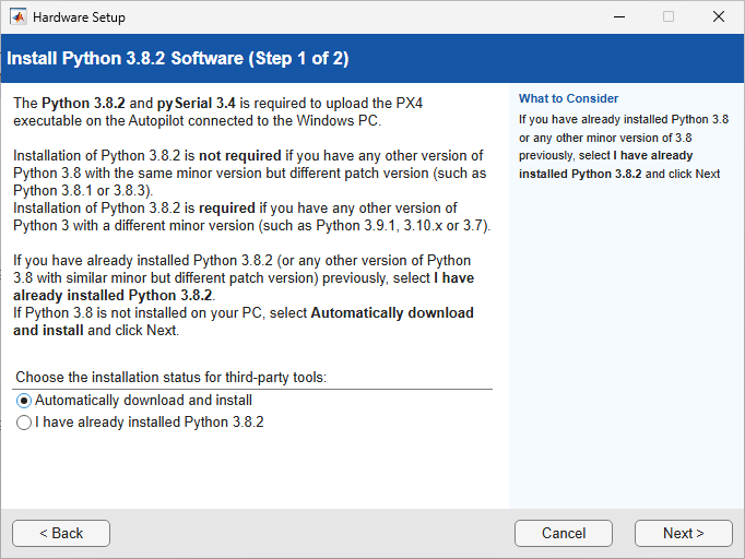 Install Python 3.8.2 Software (Step 1 of 2) screen showing Automatically download and install option selected.