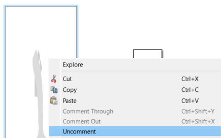 Right-click menu for the Simulation 3D Joystick with the uncomment option highlighted.