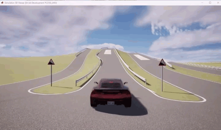 A GIF displaying a vehicle within the Simulation 3D Viewer ascending a hill and braking at the top.