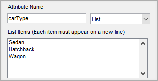 Sample List attribute with "Attribute Name" set to carType and list items Sedan, Hatchback, and Wagon