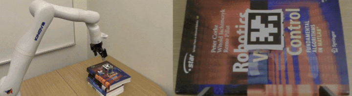 Side by side photos showing robot arm and gripper picking up a cube from atop a stack of books and placing the cube on the table. The cube shown on the stack in second photo, with the book "Robotics Vision and Control" at the top.