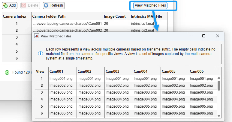 Selecting the View Matched Files button on the Images and Intrinsics page opens a View Matched Files dialog box that contains a table in which columns represent cameras and rows represent views. Each cell contains the filename for the corresponding view of the corresponding camera.