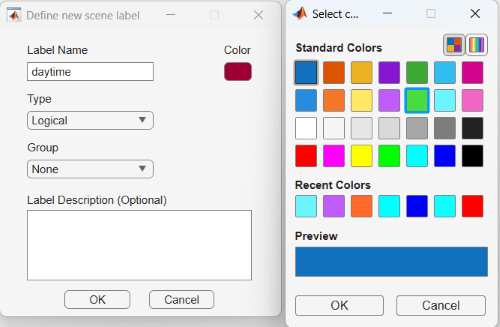 Define new scene label dialog box with Label Name set to daytime, Type set to Logical, and a color selector.