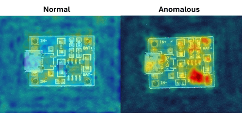 Anomaly detection heatmap overlaid on a defective pill image, highlighting the chipped region