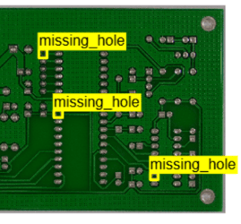 YOLOX object detection results on a PCB showing detected missing holes with bounding boxes and labels